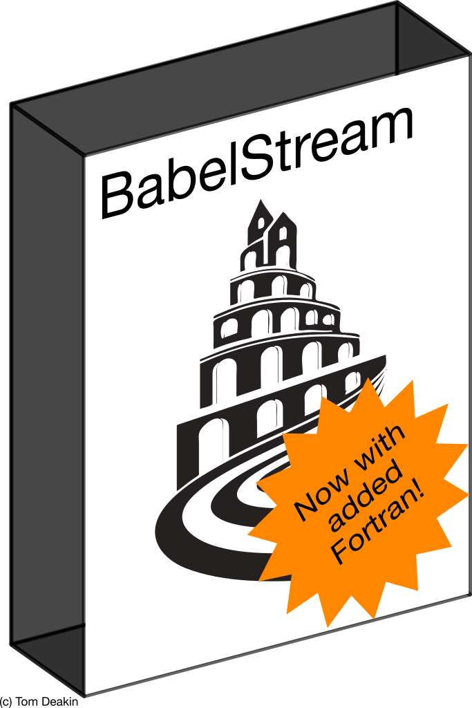 BabelStream logo with a sticker saying "Now with added Fortran!"